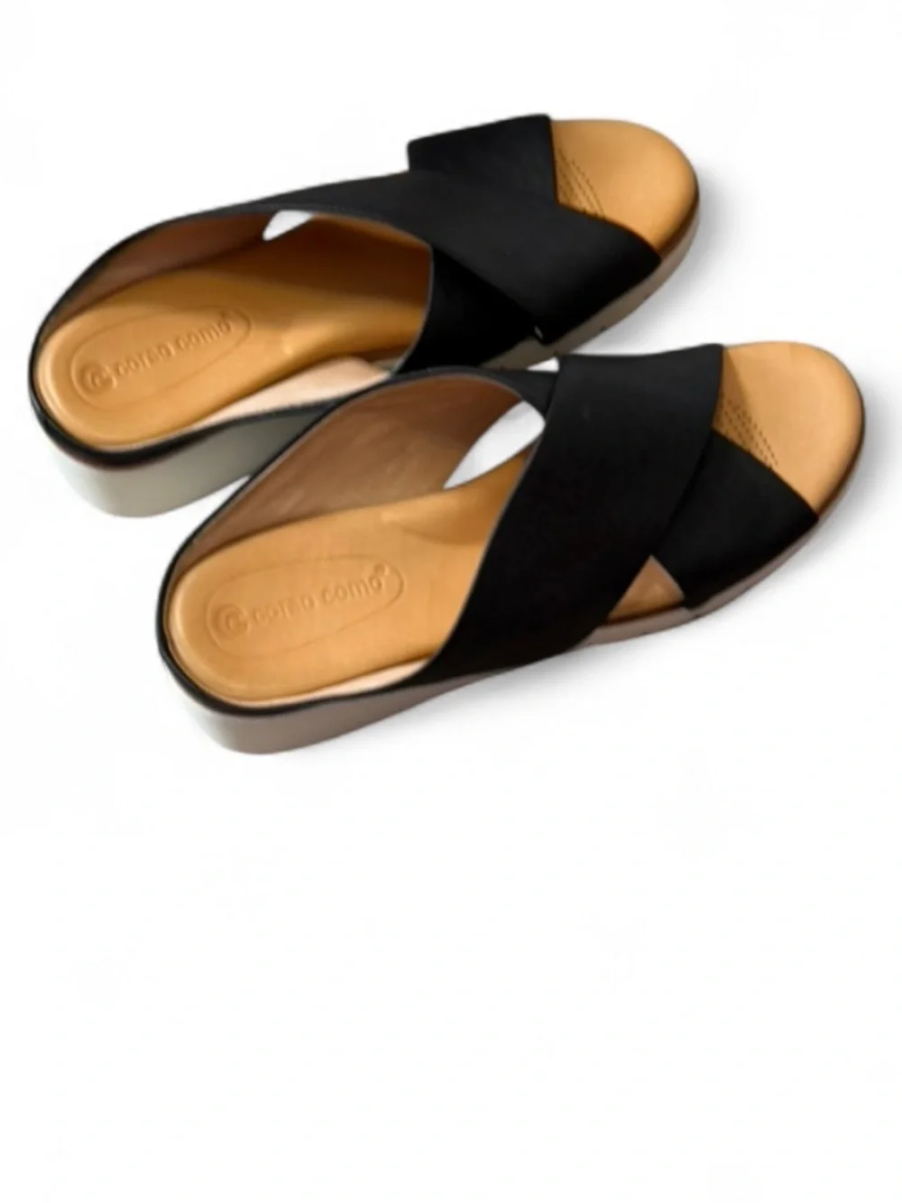 Corso Como Bruna‎ Black Leather Criss Strap Platform Wedge Sandals, Women's 8.5